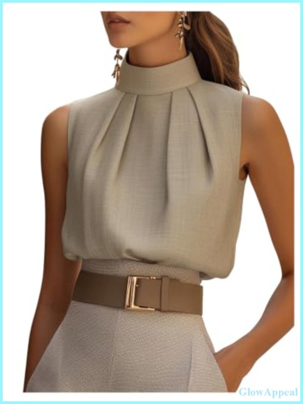 WDIRARA Women's Mock Neck Pleated Sleeveless Dressy Tank Top Blouse